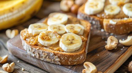Wall Mural - Close up of banana and hazelnut butter on wooden board with toasts