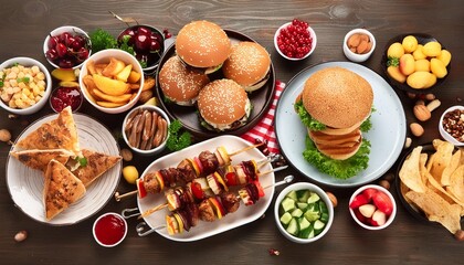 Wall Mural - summer bbq food table scene hamburgers meat skewers potatoes fruit and snacks top view on a dark wood background