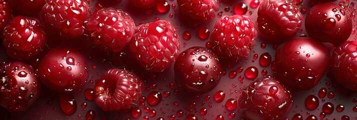 Wall Mural - A close up of a bunch of red raspberries with water droplets on them