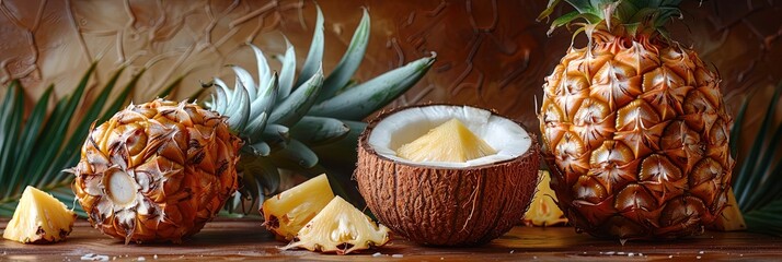 Wall Mural - Three pineapples and a coconut on a wooden table