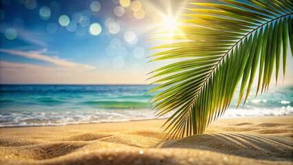 A close-up of a palm leaf, casting a shadow on the golden sand of a beach. The turquoise ocean and a bright sun in the sky create a peaceful and idyllic tropical scene