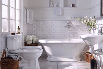 Aufkleber - A newly renovated bathroom with white subway tile, a freestanding clawfoot tub, and modern fixtures. Generative AI