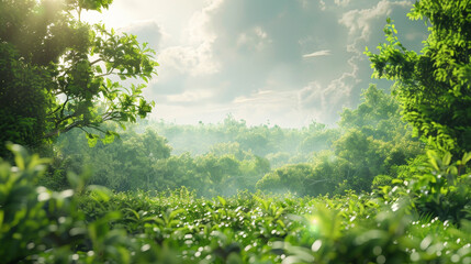 Sticker - A lush green forest with a cloudy sky in the background