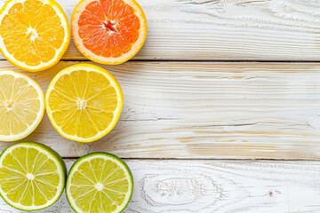 Wall Mural - Fresh lemon, oranges on white wooden background. Summer food.