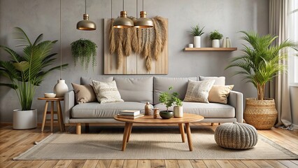 Modern boho living room with light gray sofa, wooden table, and natural decorations, modern, boho, interior, living room