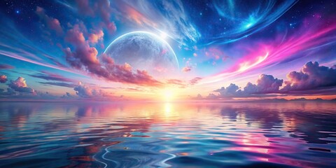 Wall Mural - Beautiful fantasy sunset over mystical waters in pink and blue hues , fantasy, sunset, mystical, waters, pink, blue, hues