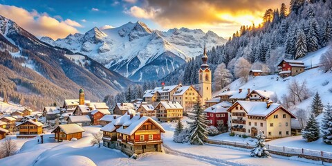Wall Mural - Charming village nestled in the snowy mountains, village, mountains, snow, winter, architecture, cozy, scenic, landscape