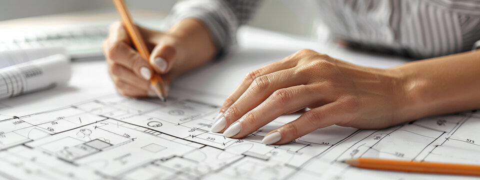 Against a backdrop of architectural plans, a skilled hand wielding a pencil meticulously marks the blueprint, charting the path for a visionary home renovation project.