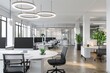 © Анатолий Савицкий - A renovated modern office space showcasing sleek furniture, fresh paint, and updated lighting, creating a functional and stylish work environment. Generative AI