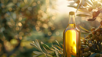 Poster - Golden-hued olive oil bottle perched among lush olive branches, illuminated by warm sunlight, embodying natural and organic essence.