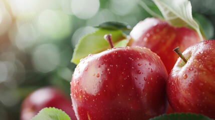 Poster - Fresh, dewy red apples with leaves on a tree branch against a softly blurred natural background.