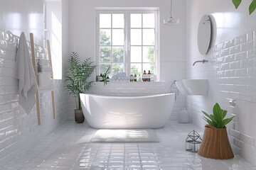 Aufkleber - A bright, modern bathroom with white subway tile, a freestanding tub, and a large window. Generative AI