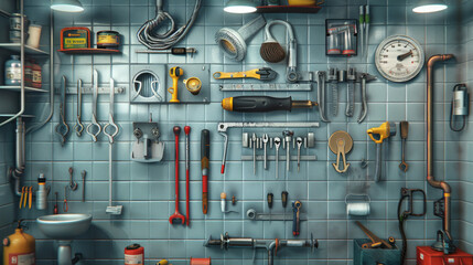 Sticker - An organized tool wall displaying a variety of hand tools and equipment, showcasing precision and order in a workshop setting.