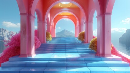 Wall Mural - Pink Archway Leading to a Mountain View