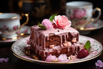 Wall Mural - Strawberry brownie with pink cover on porcelain., generative IA