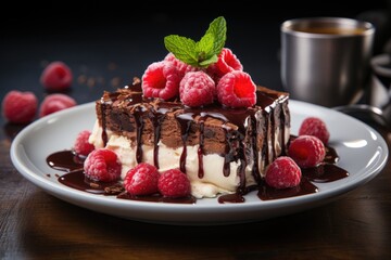Poster - Brownie Cheesecake with raspberries visually irresistible indulgence., generative IA