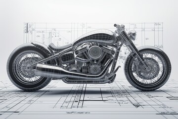 Wall Mural - A transparent motorcycle model is superimposed on blueprints, showcasing the engineering and design details