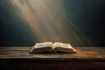 Open Bible on a wood table with light coming from above.  Church concept. 