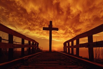Wall Mural - silhouette christian cross at railhead wooden bridge and orange sky with lighting religion concept