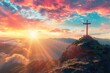 © darshika - Silhouettes of crucifix symbol on top mountain with bright sunbeam on the colorful sky background
