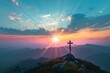 © darshika - Silhouettes of crucifix symbol on top mountain with bright sunbeam on the colorful sky background