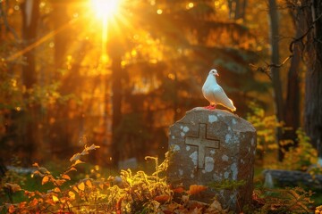 Wall Mural - Sun  forest  dove  cross  symbols of death and resurrection.