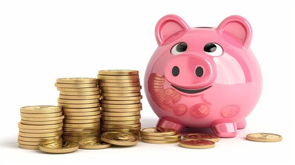 Golden Wealth Happy Piggy Bank with Tower of Coins Savings and Investment Concept