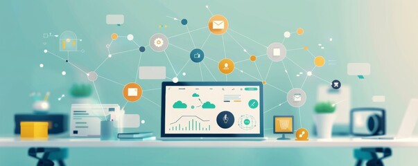 Digital Business Workflow Vibrant Icons and Realtime Data on Modern Tablet Desk