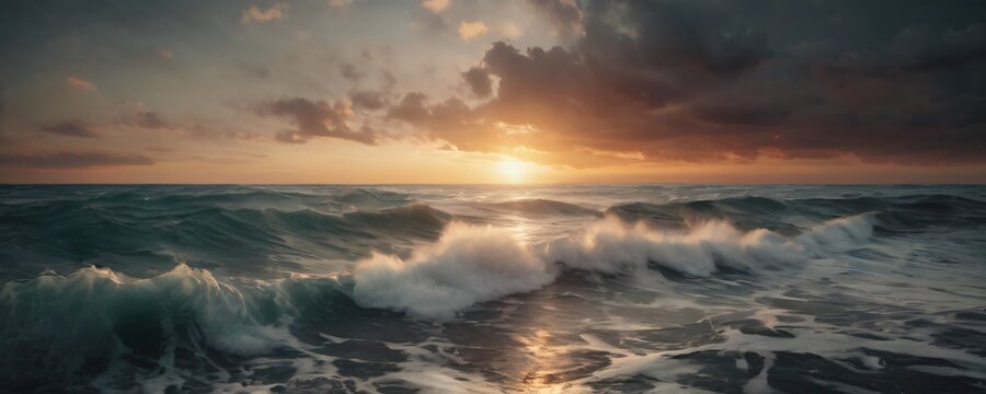 Ocean with sunset in background. Extremely detailed and realistic high resolution illustration