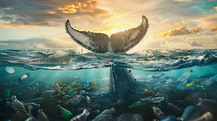 Humpback whale tail in the ocean with plastic bottles and garbage floating around, a global environmental sculpture depicting marine life pollution