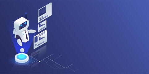 Robot interacting with data charts and graphs on a blue background. Concept of artificial intelligence, and data analysis. Vector illustration