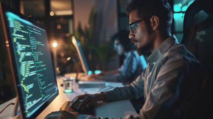 a focused programmer works late into the night with multiple screens showing intricate code, immerse