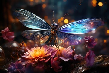 Wall Mural - Iridial dragonfly on stream, surrounded by wild flowers in the light of dusk., generative IA