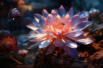 Wall Mural - Iridial dragonfly on stream, surrounded by wild flowers in the light of dusk., generative IA