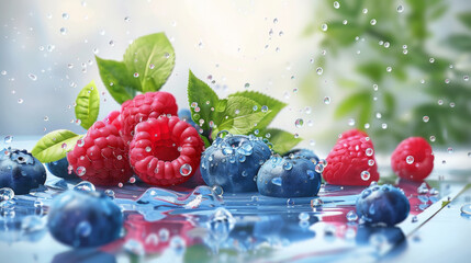 Canvas Print - Fresh raspberries and blueberries are sprinkled with water droplets, highlighting their vibrant colors in a refreshing and appetizing display of nature's bounty.