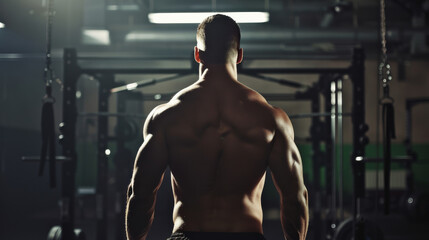 Wall Mural - A muscular individual captured from the back, standing in a gym environment and exuding strength, determination, and focus through a powerful, athletic posture.