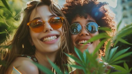 Wall Mural - two women wearing sunglasses are smiling for the camera while they are surrounded by plants and foliage in the background..