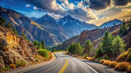 Wall Mural - Empty paved road winding through old mountains , mountain, road, paved, empty, old, vintage, travel, journey, scenery
