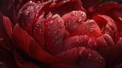 Sticker - Close up photo of a red peony bud displaying a stunning natural texture with red petals and glistening water droplets