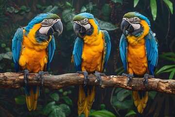 Poster - three blue-and-yellow parrots on tree branch
