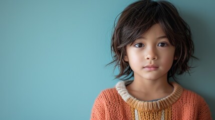 Young boy wearing striped sweater stands against light blue wall