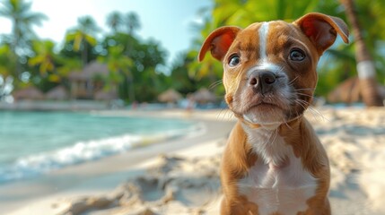 Brown and white pit bull puppy on tropical beach