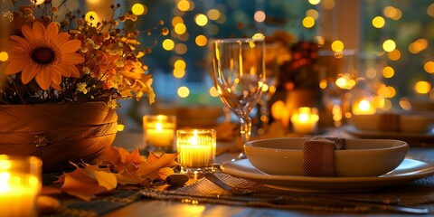 Wall Mural - A table with a candle lit on it and a plate of food. The table is set for a dinner party