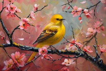 Poster - yellow bird on Sakura tree