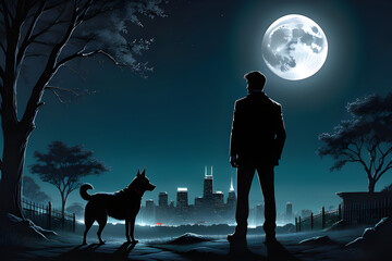 Wall Mural -       Silhouette of a Man Gazing Upon a Lifeless Dog: Nighttime Scene 