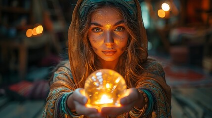 A young woman with long, flowing hair holds a glowing crystal ball in her hands. She is wearing a hooded garment with intricate patterns, and the setting appears to be a dimly lit, mystical space.
