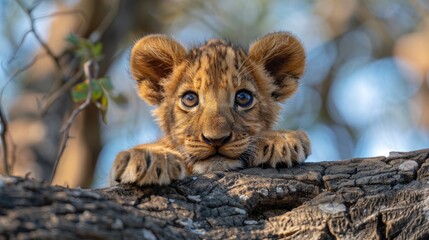 Wall Mural - Lion Cub Peeking From Tree Branch