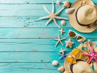 Wall Mural - An assortment of beach accessories arranged on a blue wooden surface, ideal for use as an abstract summer wallpaper