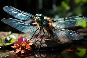 Wall Mural - Iridescent dragonfly hanging over serene stream, wings capture sunlight., generative IA