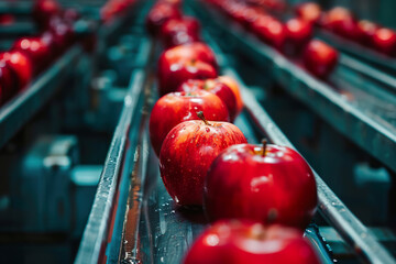 A conveyor belt is filled with red apples